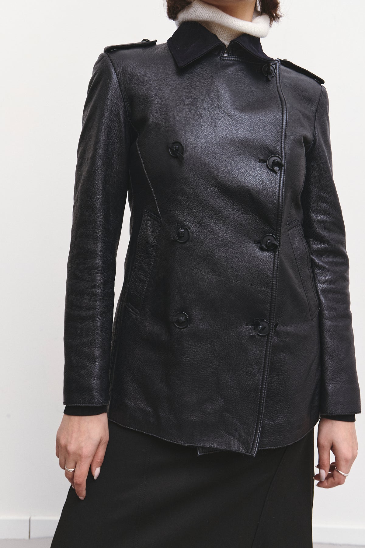 BOTTEGA VENETA LEATHER PEACOAT (XS/S)
