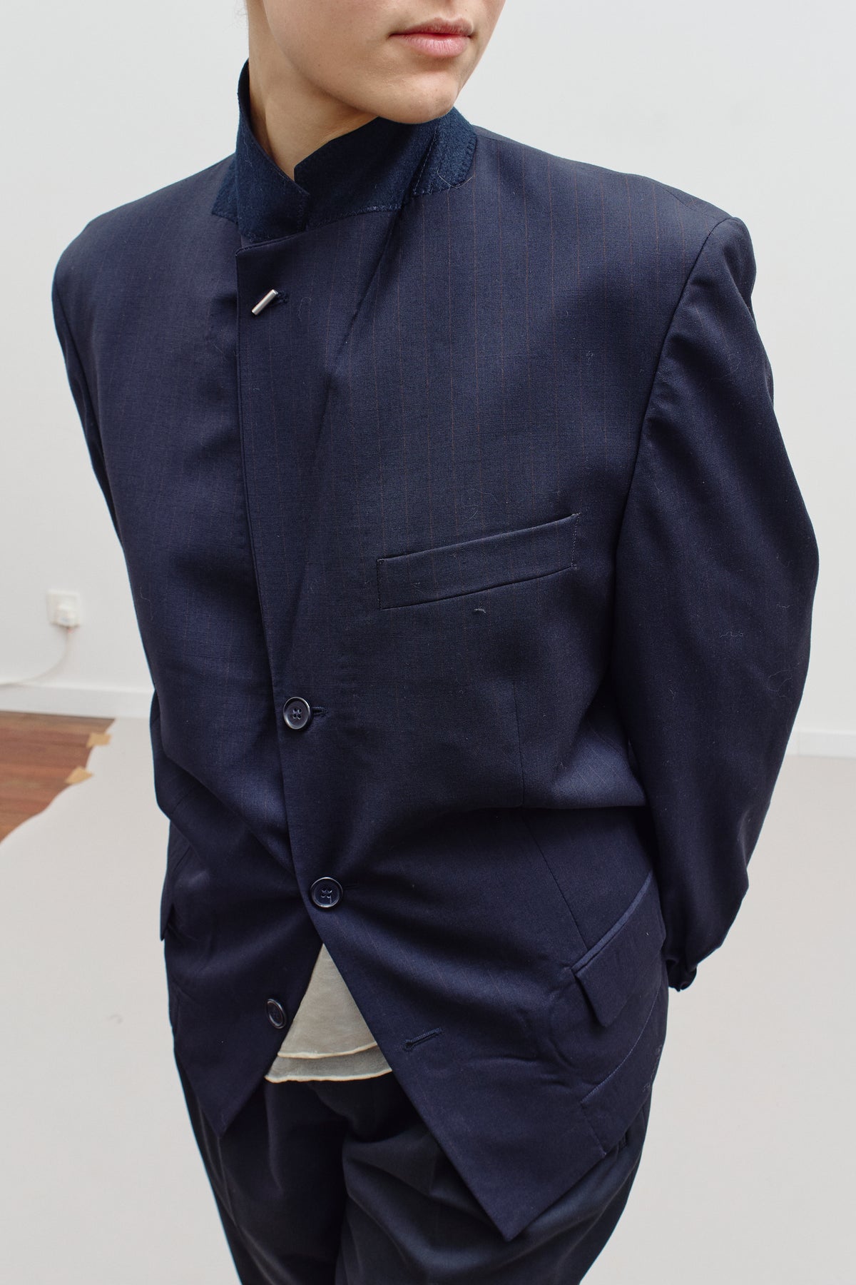 UPCYCLED BOMBER - BLUE PINSTRIPE (S/M) - ENSO Vintage