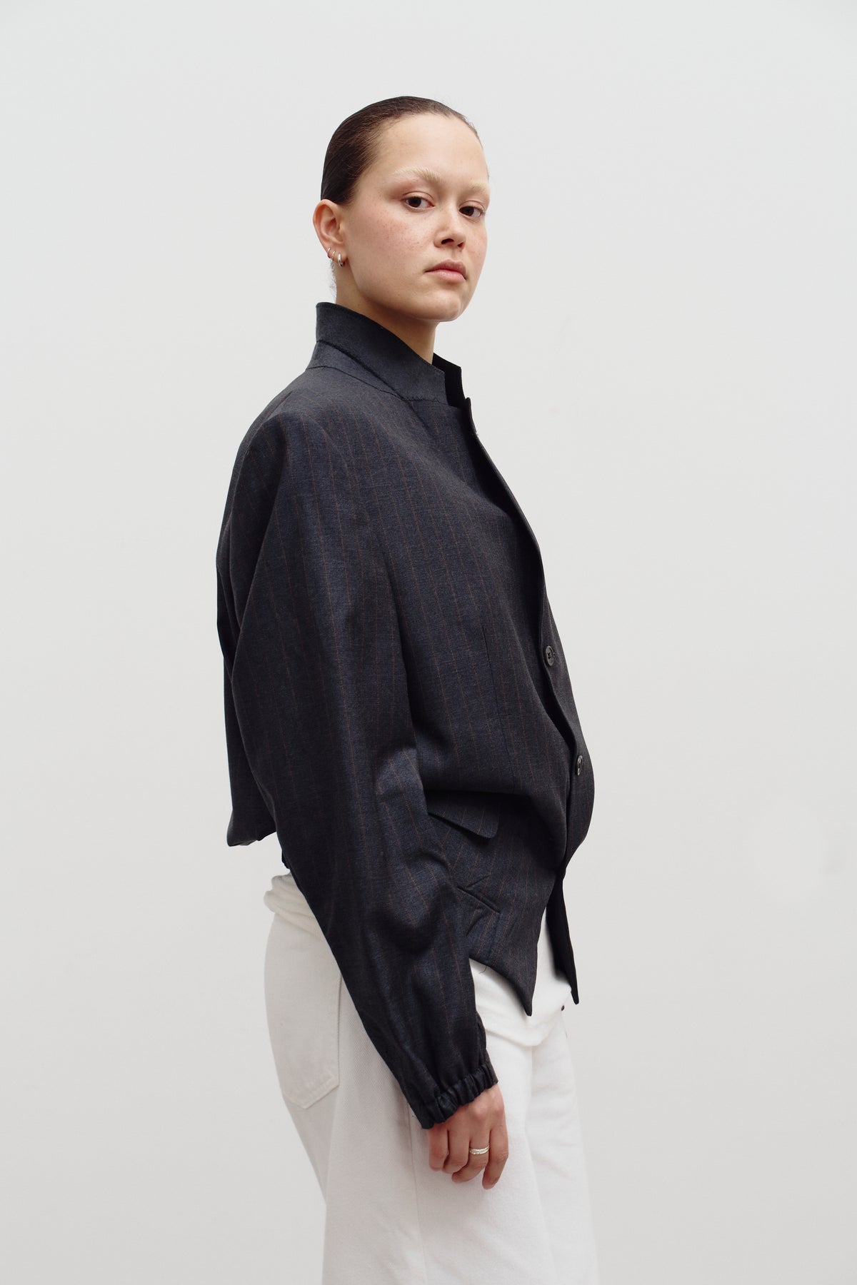 UPCYCLED BOMBER - GREY PINSTRIPE (M/L) - ENSO Vintage