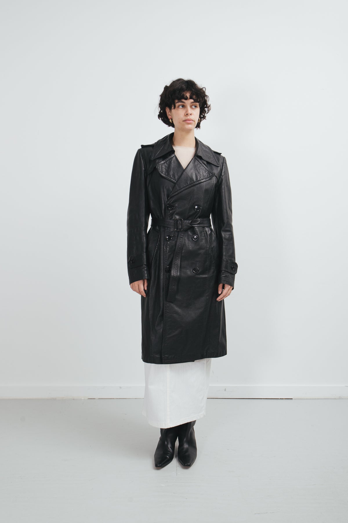 M shops Long Leather Trench Coat