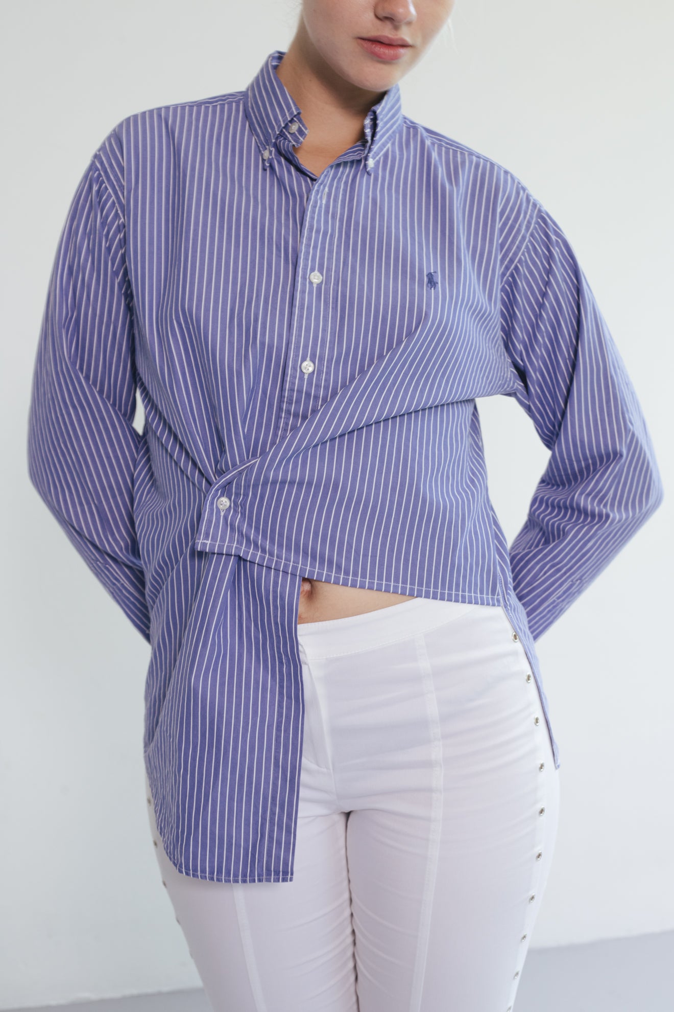 UPCYCLED WRAP SHIRT BLUE STRIPED (S/M)