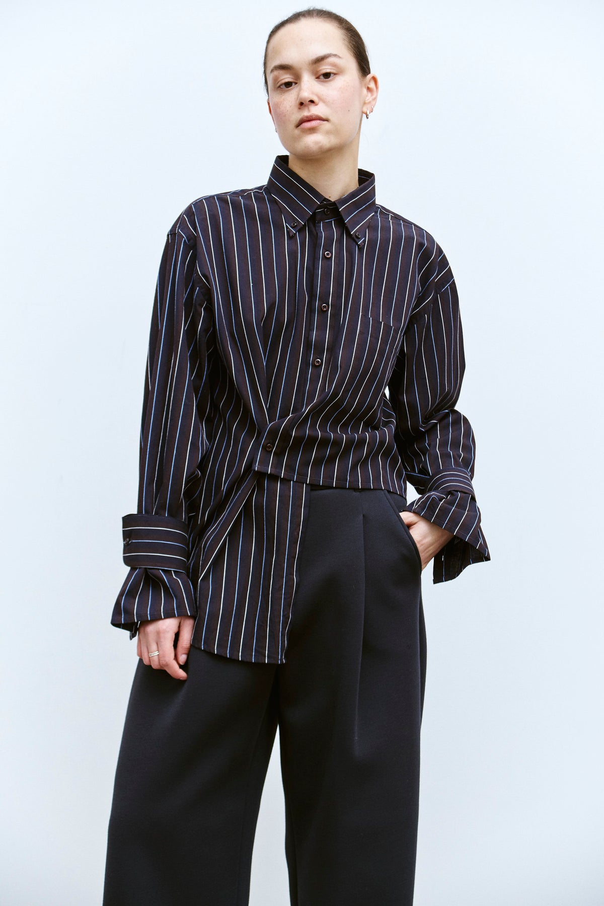 UPCYCLED WRAP CUFF SHIRT - NAVY STRIPE (S/M) - ENSO Vintage