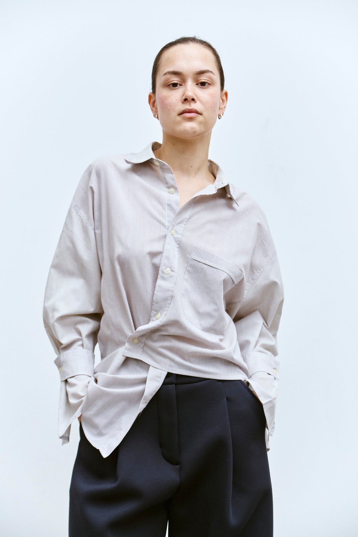 UPCYCLED WRAP CUFF SHIRT - BROWN STRIPE (S/M) - ENSO Vintage