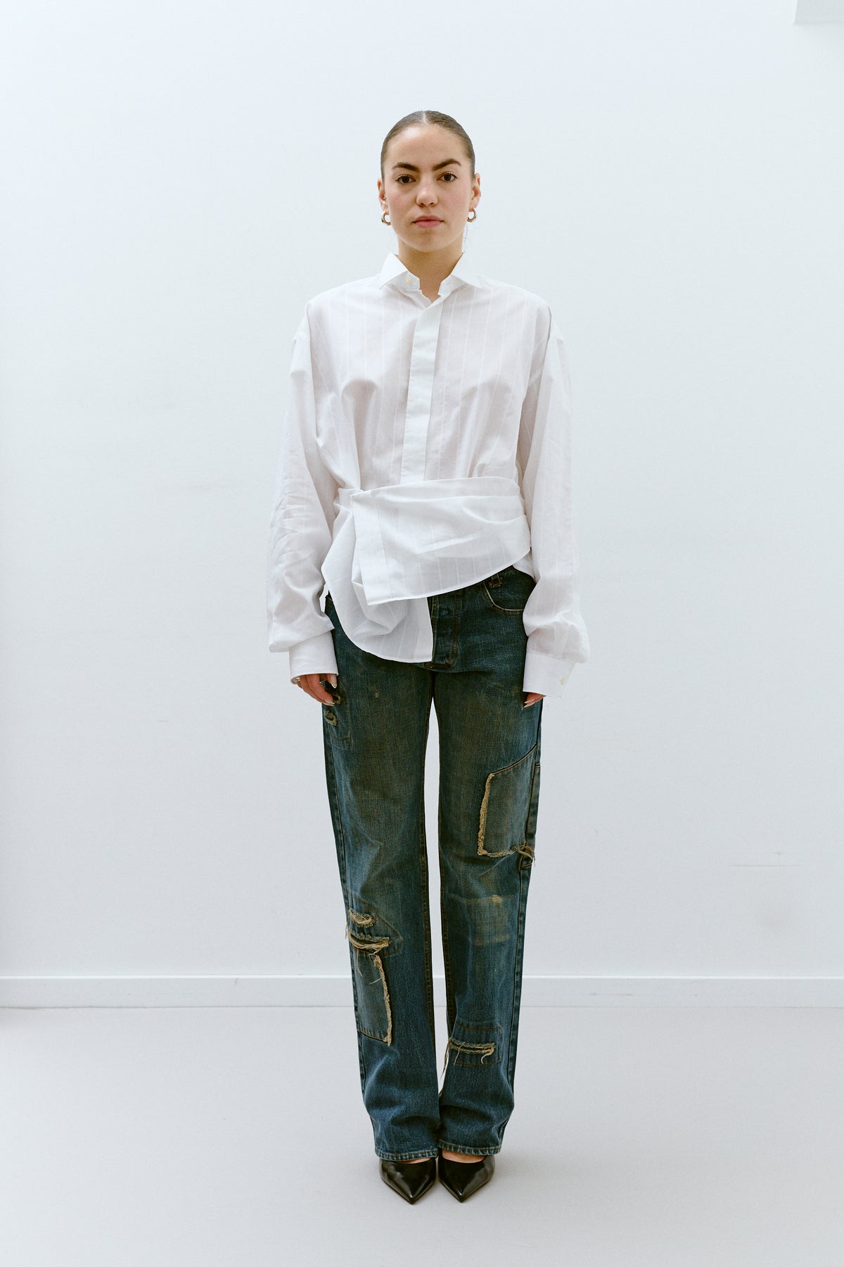 UPCYCLED PLEAT SHIRT - WHITE STRIPE (S/M) - ENSO Vintage