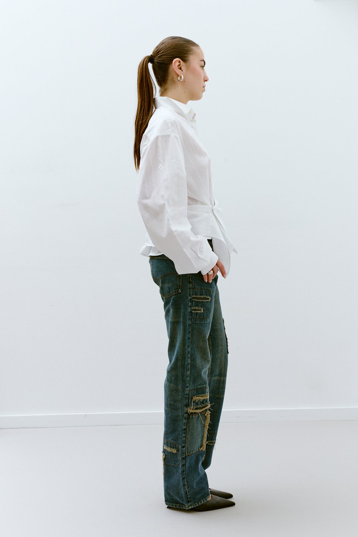 UPCYCLED PLEAT SHIRT - WHITE STRIPE (S/M) - ENSO Vintage