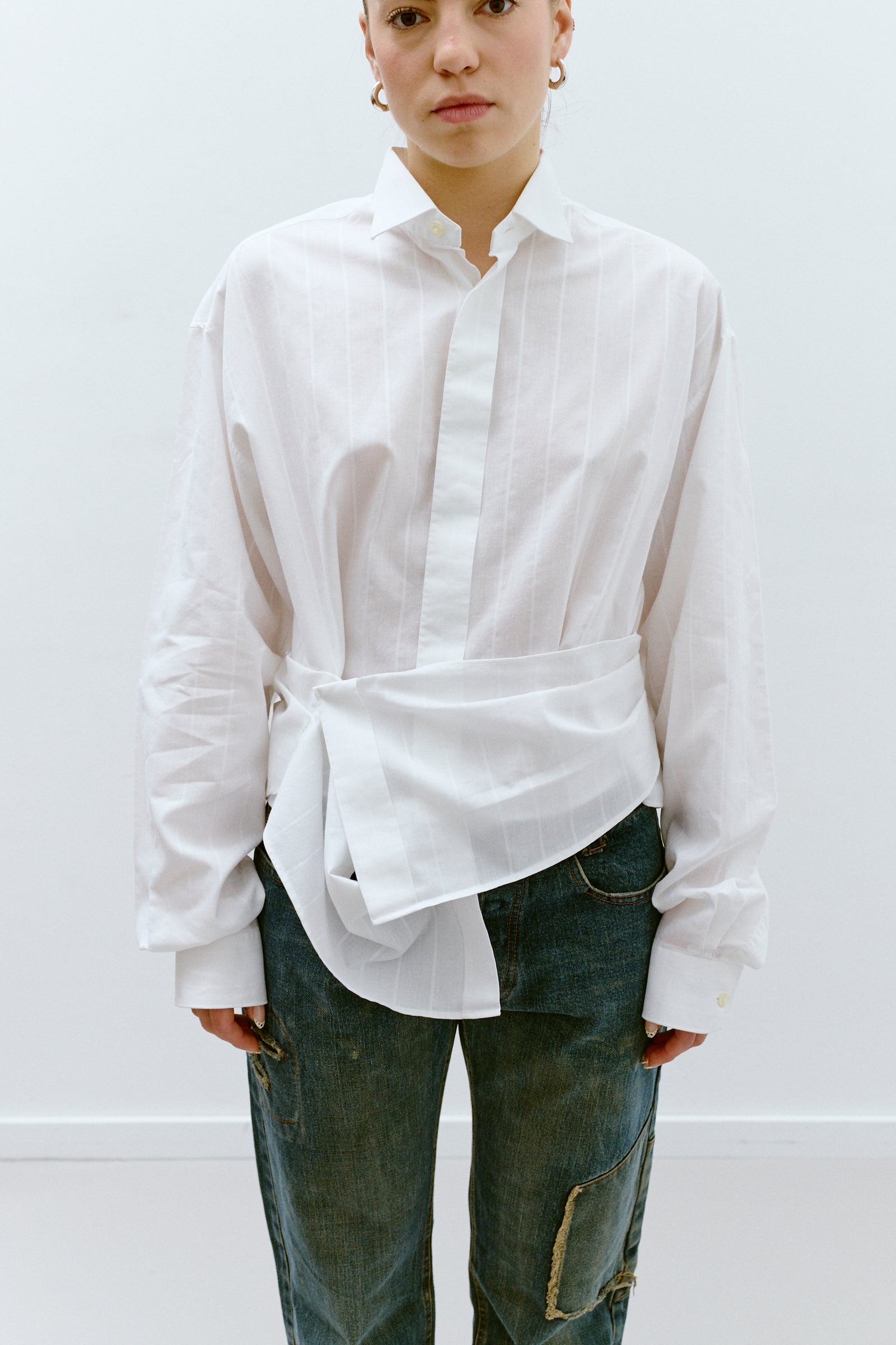 UPCYCLED PLEAT SHIRT - WHITE STRIPE (S/M) - ENSO Vintage