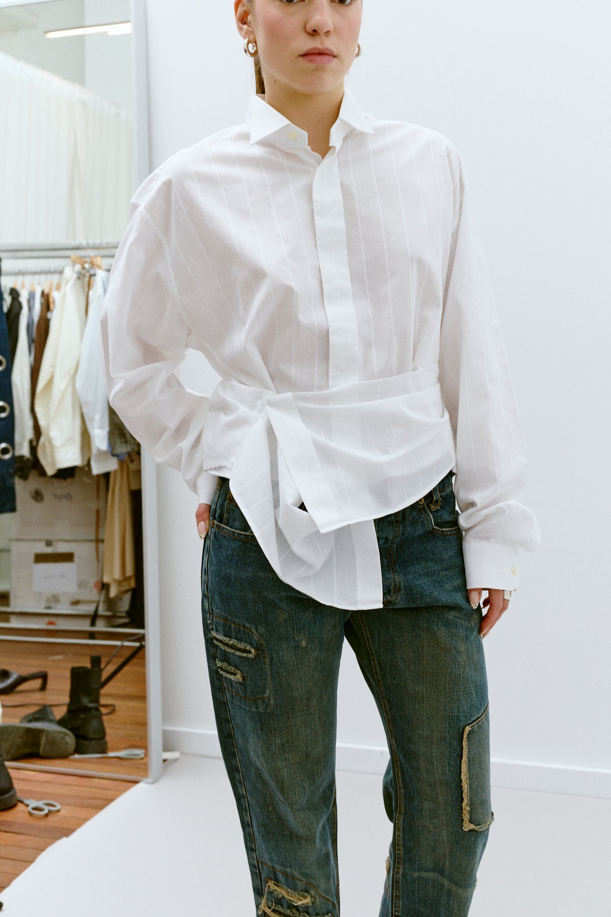 UPCYCLED PLEAT SHIRT - WHITE STRIPE (S/M) - ENSO Vintage
