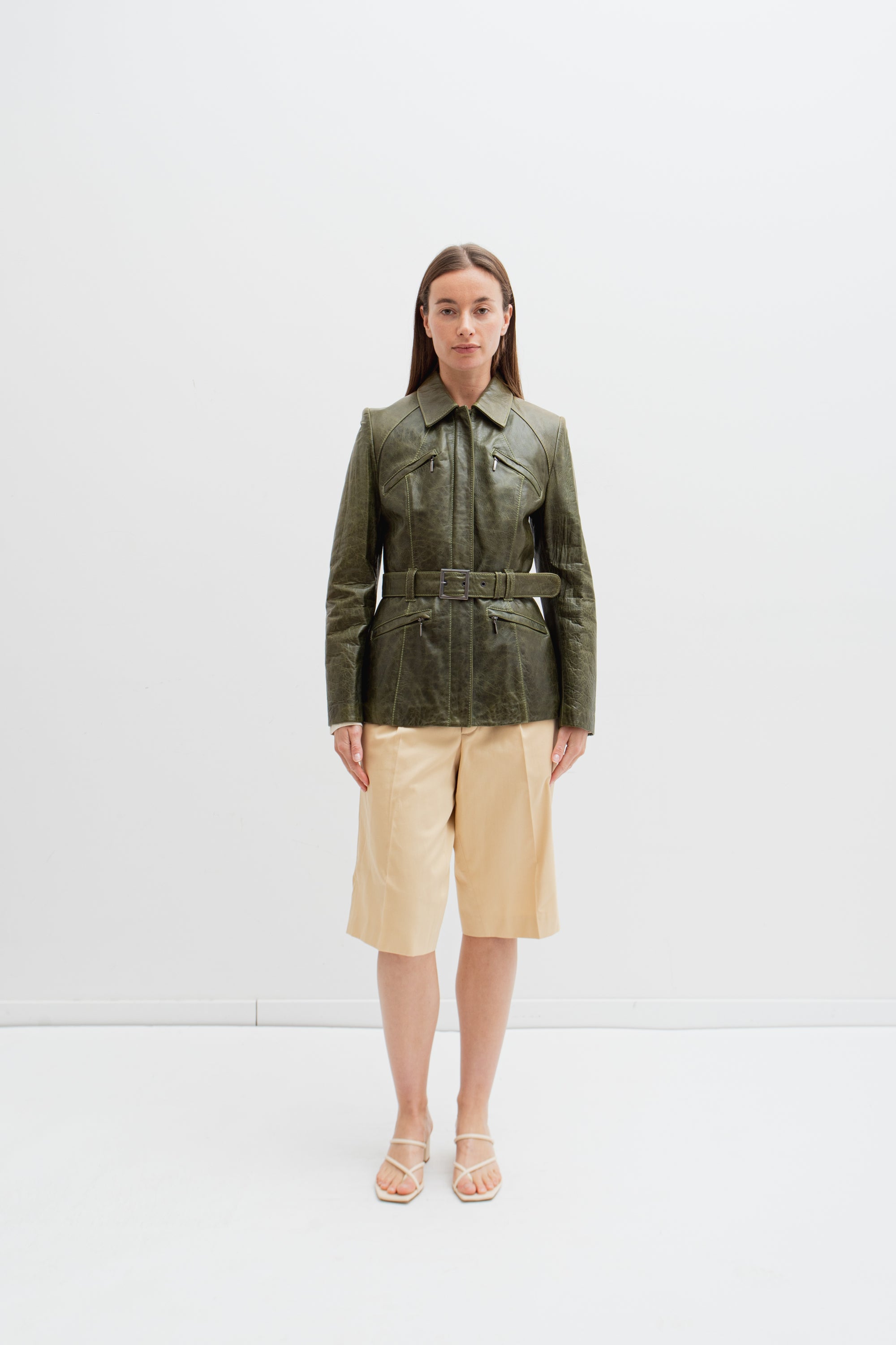 THE KHAKI BELTED LEATHER JACKET (XS/S)