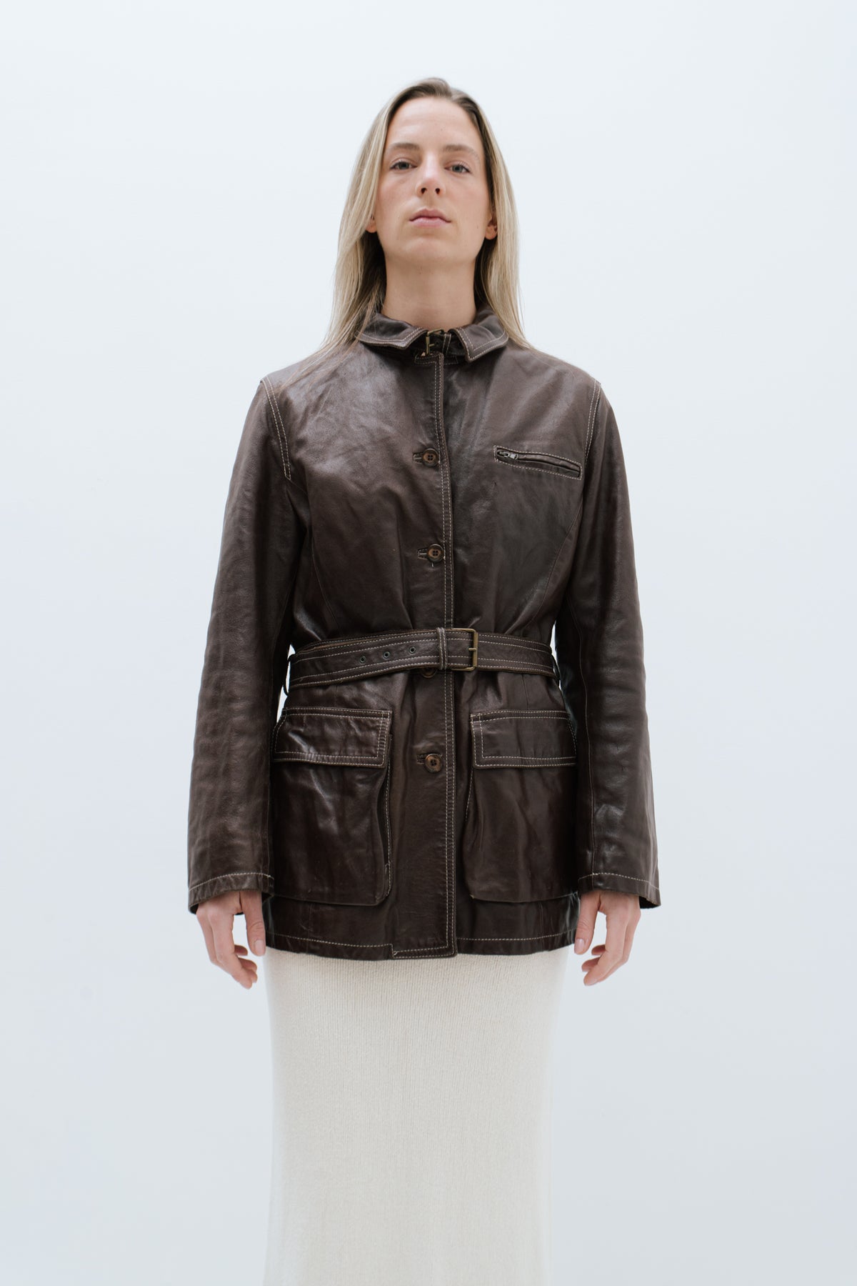 THE BROWN LEATHER BELTED JACKET (S/M)
